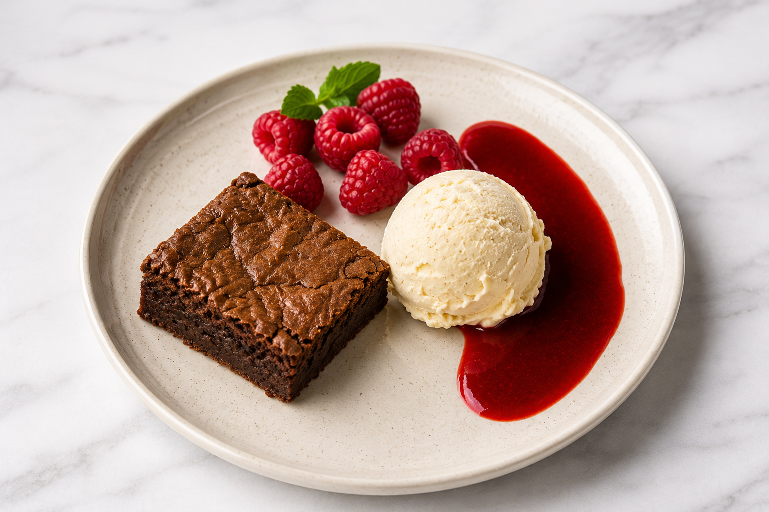 Brownie med vaniljeis og hindbær